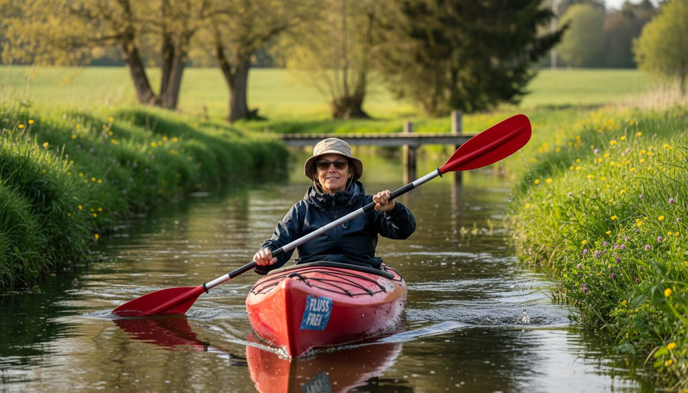 Eine Frau erkundet mit ihrem Kajak die idyllische Flusslandschaft.
