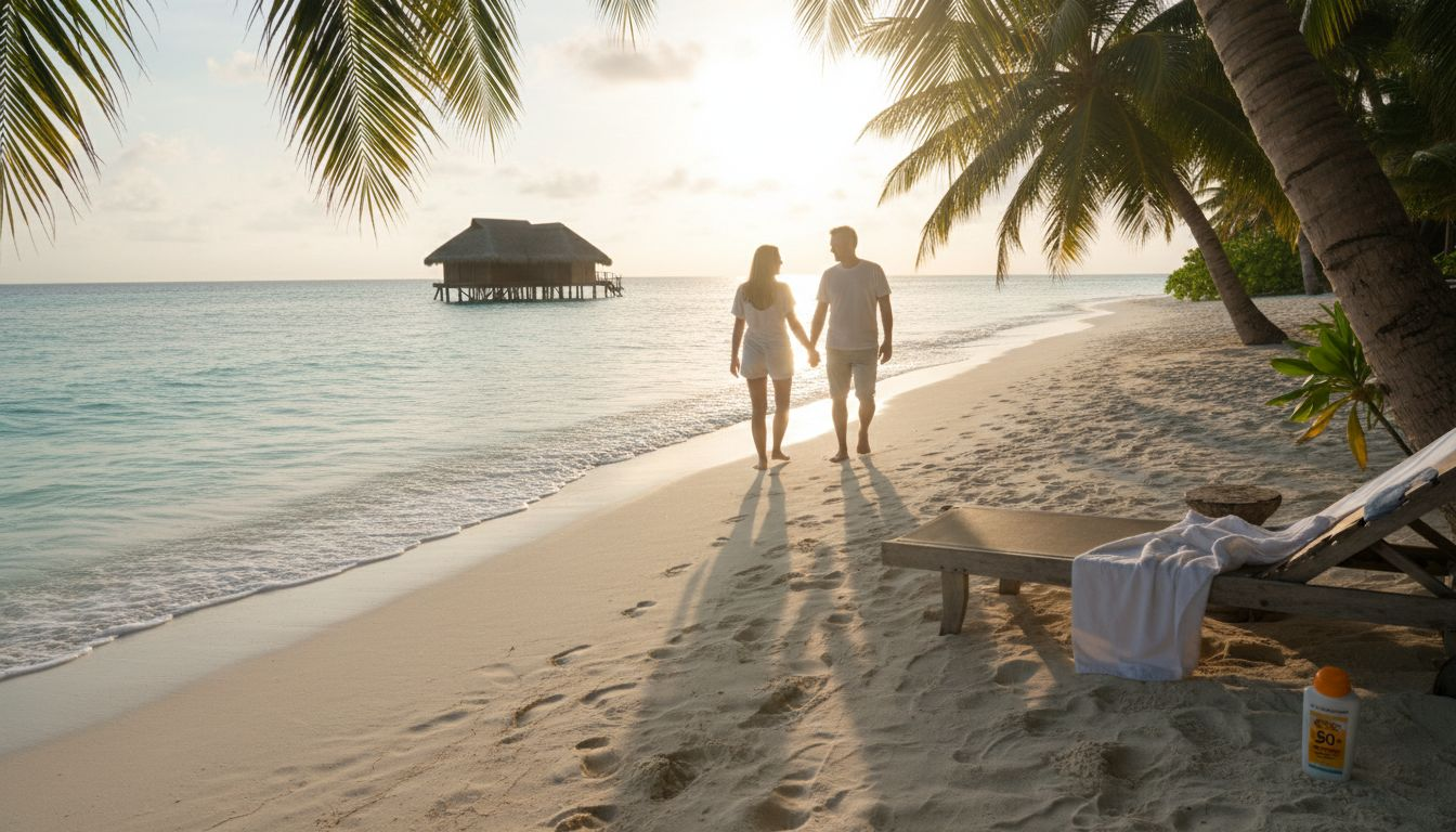 Ein Paar spaziert barfu&szlig; am wei&szlig;en Sandstrand entlang, direkt vor ihrer Villa.