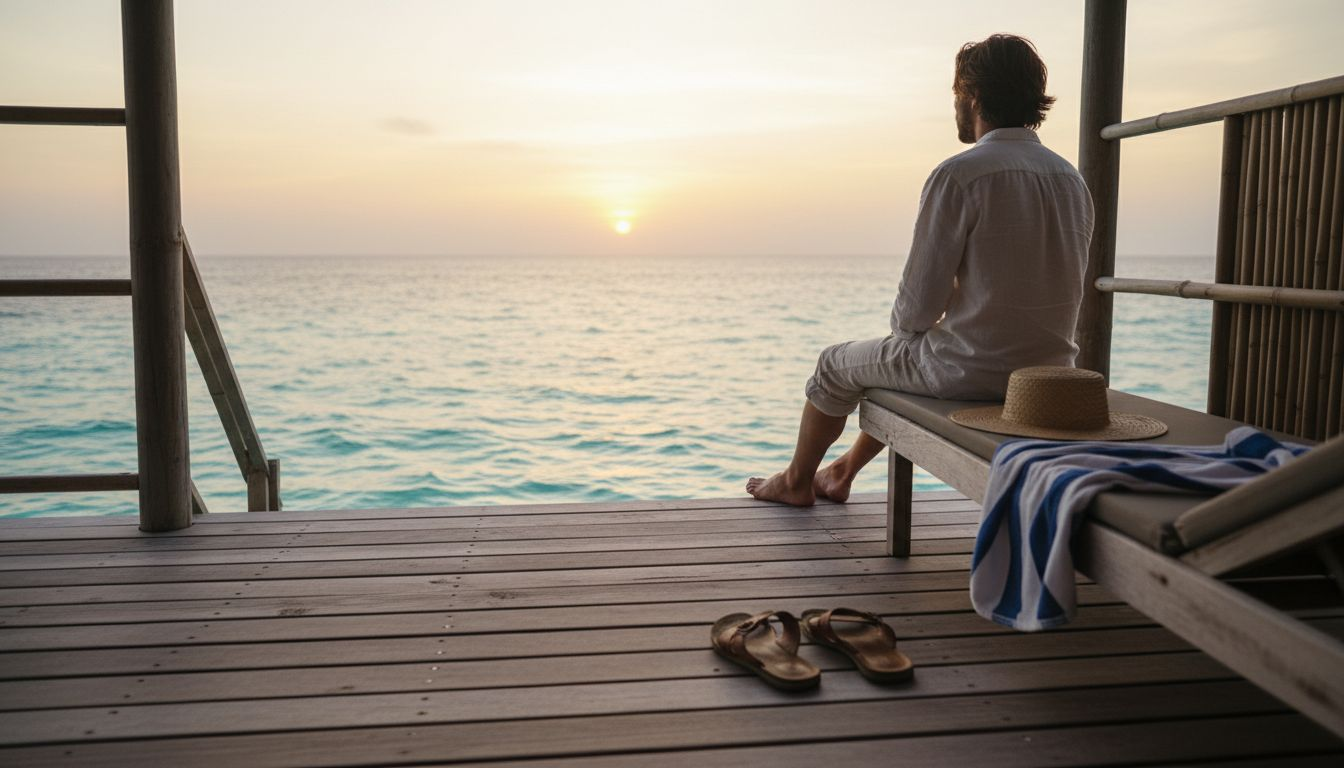 Ein Gast genie&szlig;t die Abendstimmung und entspannt sich auf der Terrasse eines Wasserbungalows, w&auml;hrend die Sonne langsam im Meer versinkt.