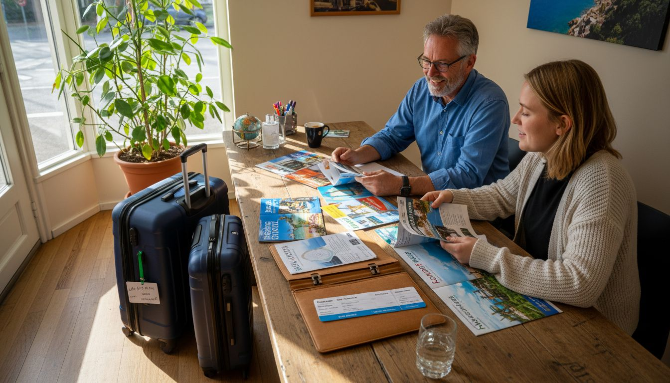 Ein Reiseexperte steht einem Paar im Reiseb&uuml;ro mit Rat und Tipps zur Seite.