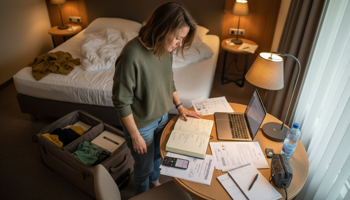 Vor der Abreise kontrolliert der Reisende sein Gep&auml;ck und stellt sicher, dass alle wichtigen Unterlagen dabei sind.