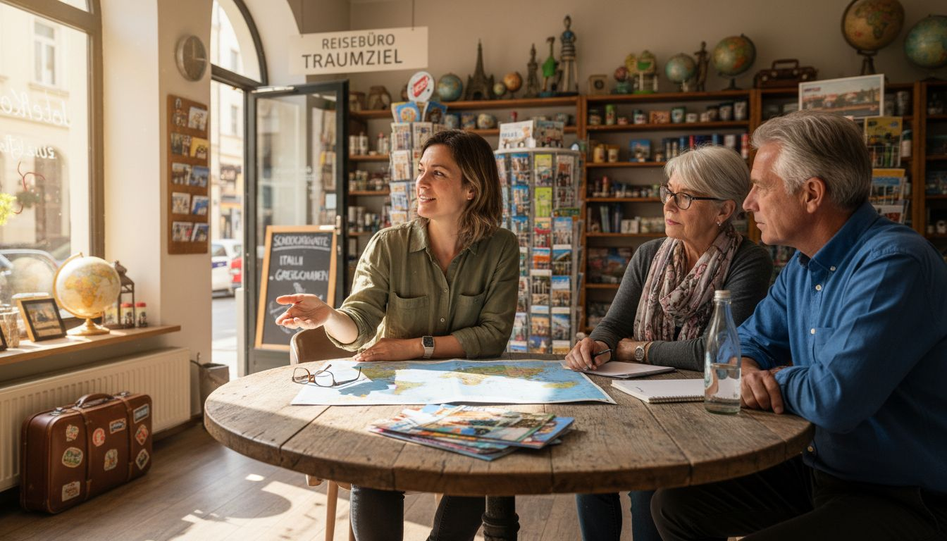 Eine Reiseberaterin ber&auml;t Kundinnen und Kunden pers&ouml;nlich im Reiseb&uuml;ro.
