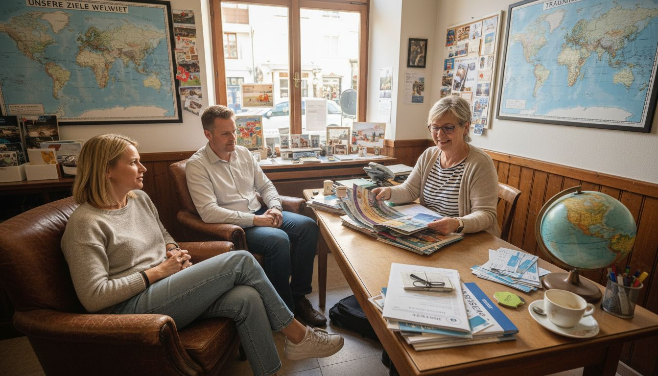 Im Reiseb&uuml;ro ber&auml;t eine Mitarbeiterin ein Ehepaar zu ihrem n&auml;chsten Urlaub.