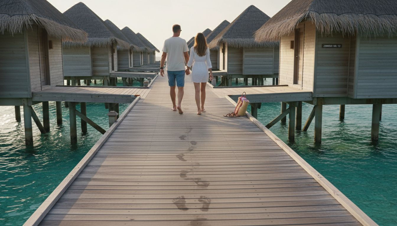 Ein Paar schlendert entspannt zu den Dhonveli-Wasserbungalows.