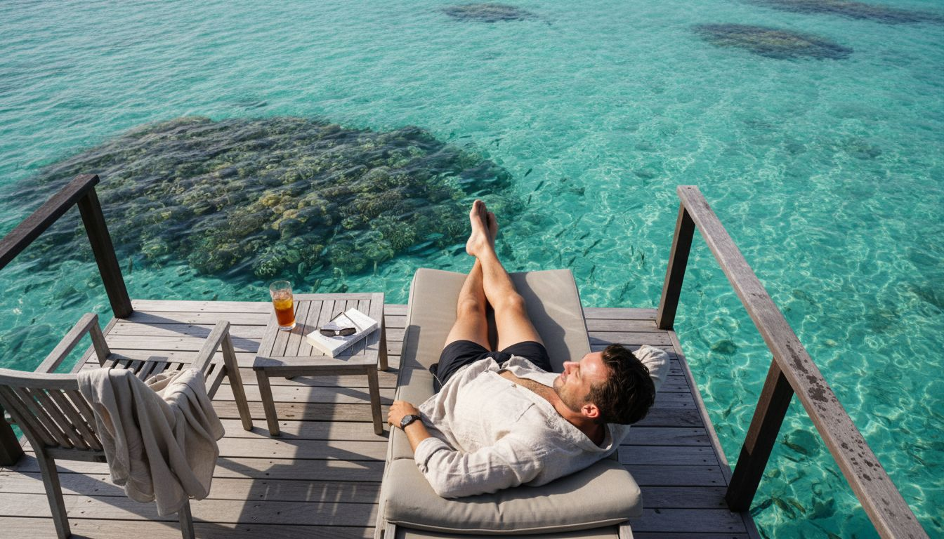 Ein Gast genie&szlig;t die entspannte Atmosph&auml;re auf der privaten Terrasse seiner exklusiven Suite direkt &uuml;ber dem Wasser.