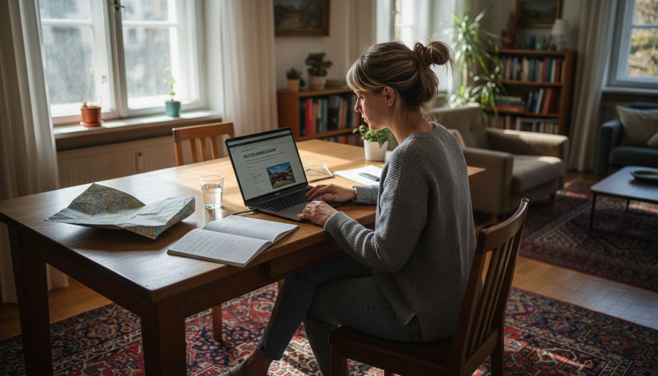 Eine Frau sitzt an ihrem Schreibtisch und sammelt Ideen f&uuml;r ihre n&auml;chste Reise &ndash; Notizen, Karten und Reisef&uuml;hrer liegen griffbereit neben ihr.