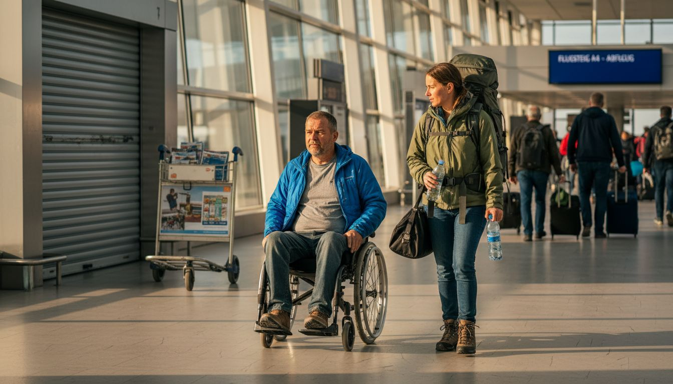 Ein Rollstuhlfahrer wird am Flughafen von einer Begleitperson unterst&uuml;tzt und gemeinsam durch die verschiedenen Bereiche gef&uuml;hrt.
