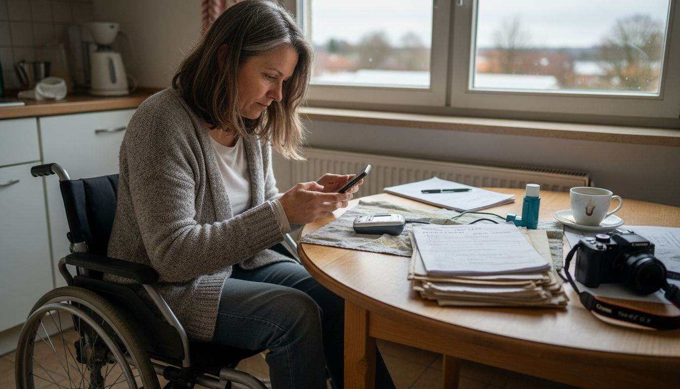 Am K&uuml;chentisch tr&auml;gt eine Frau verschiedene Hilfsmittel in ihre Unterlagen ein.