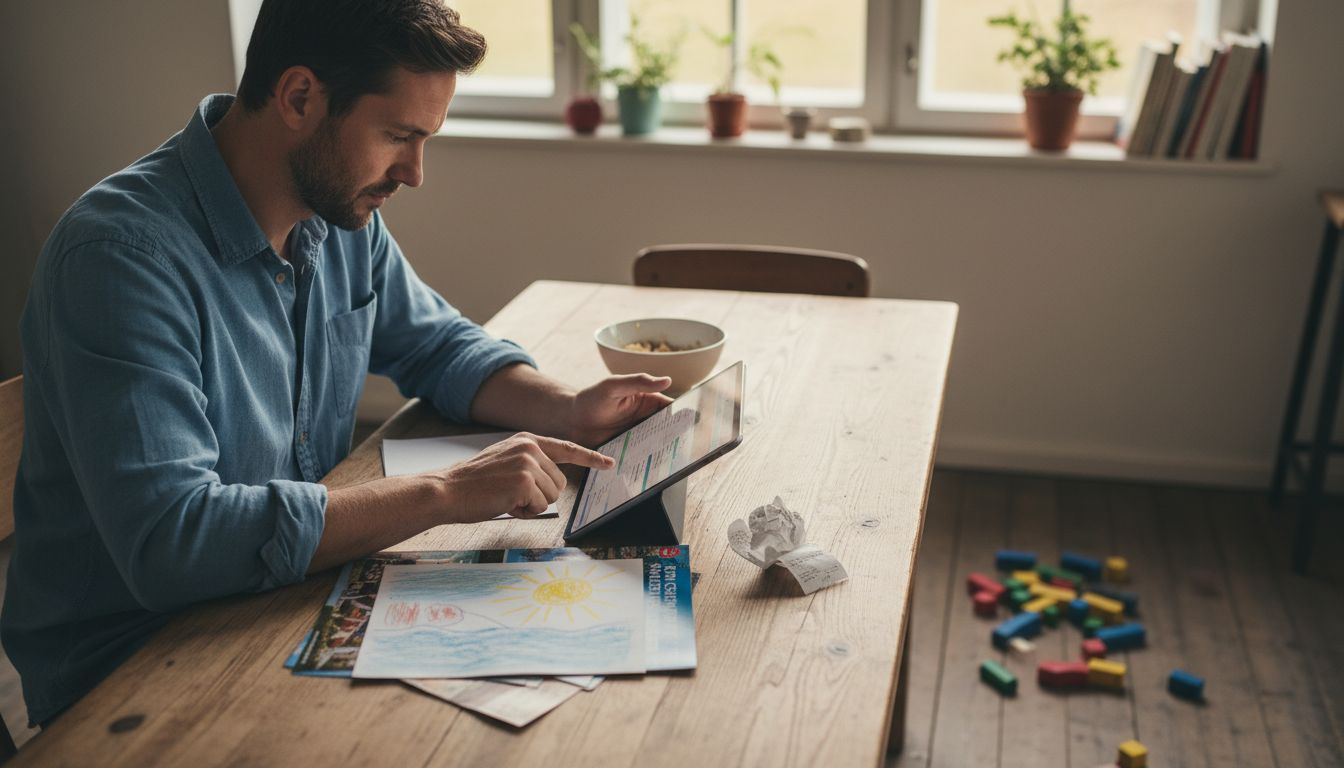 Ein Elternteil sitzt in der K&uuml;che und plant das Reisebudget f&uuml;r den n&auml;chsten Familienurlaub.