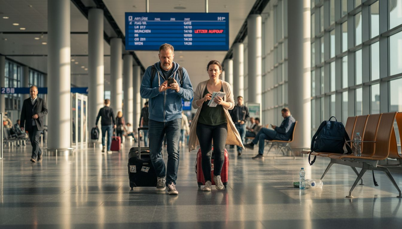 Eilige Reisende hetzen mit ihrem Gep&auml;ck durch den Flughafen.