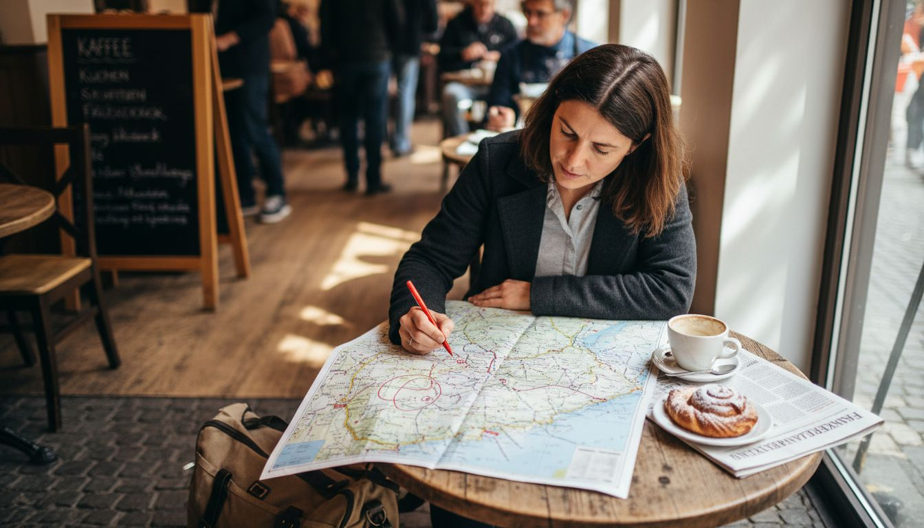 In einem gem&uuml;tlichen Caf&eacute; schmiedet eine Frau Reisepl&auml;ne.