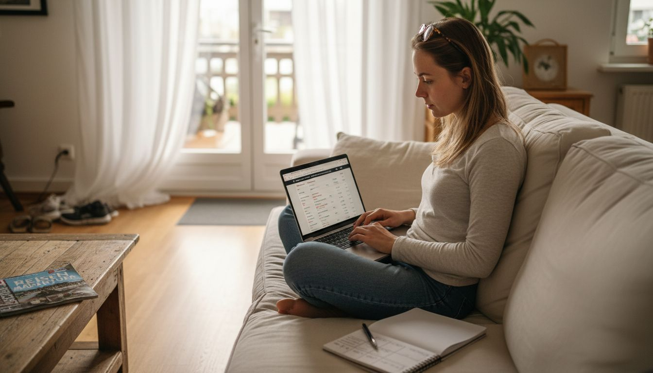 Eine Frau st&ouml;bert am Laptop nach dem besten Urlaubsschn&auml;ppchen.