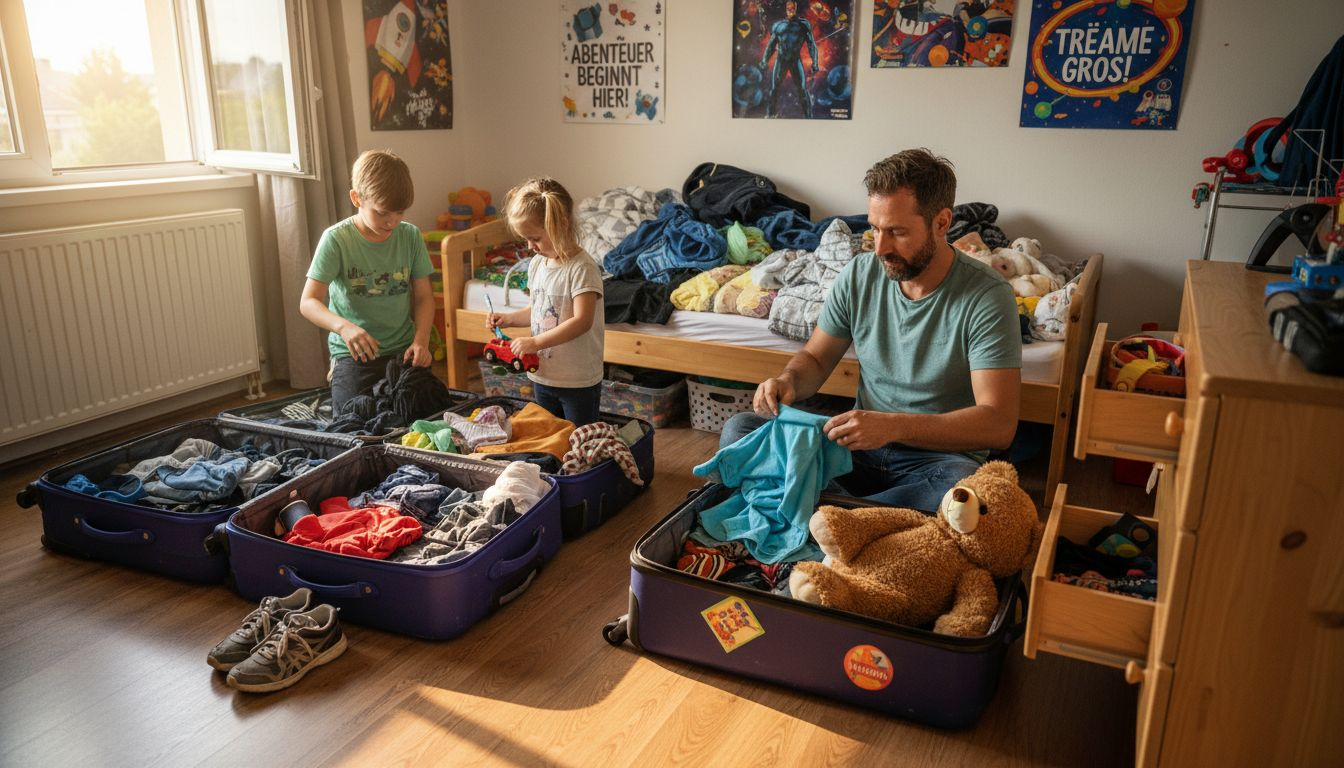 Im Kinderzimmer bereitet die ganze Familie gemeinsam das Gep&auml;ck f&uuml;r die Reise vor.