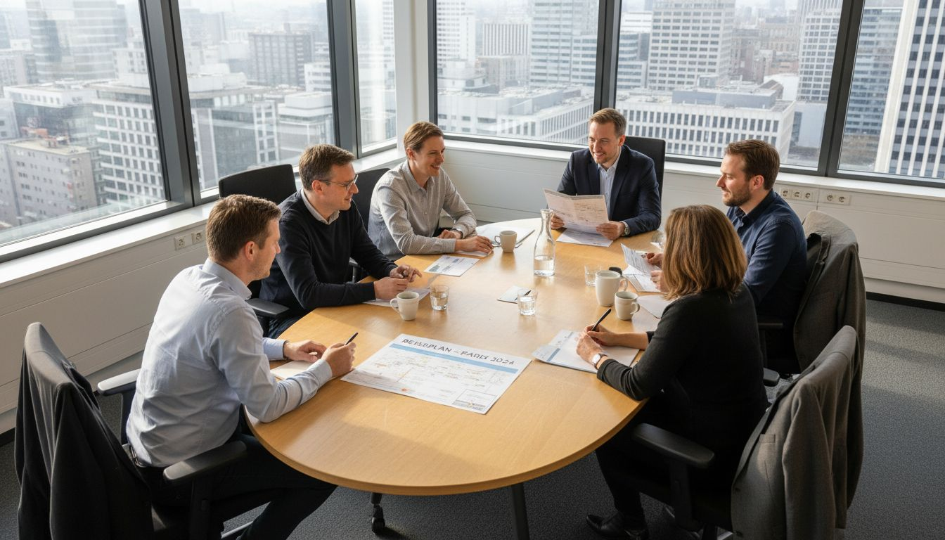 Das Team plant die n&auml;chste Firmenreise gemeinsam im Besprechungsraum.