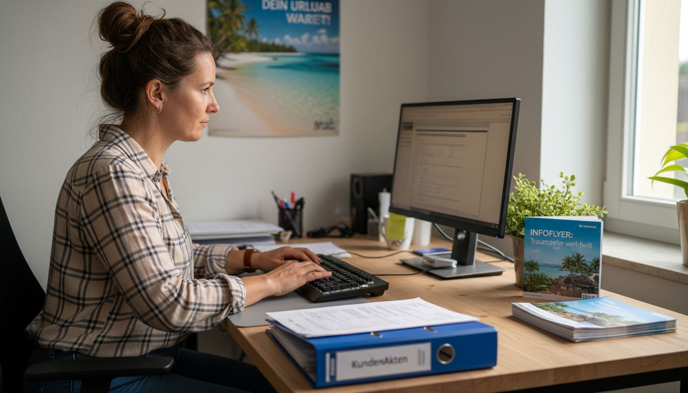 Die Reiseberaterin betreut ihre Kundinnen und Kunden am Beratungstisch.