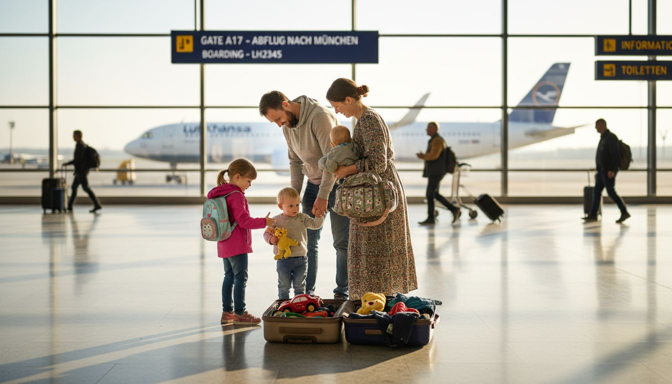 Eine Familie mit Kindern wartet am Gate darauf, in ihr Flugzeug einzusteigen.