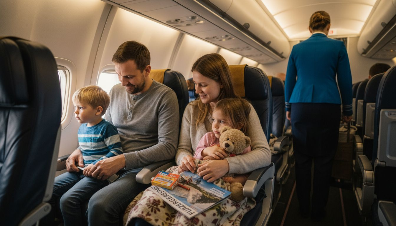 Eine Familie r&auml;umt ihr Handgep&auml;ck in die F&auml;cher und macht es sich auf ihren Pl&auml;tzen im Flugzeug gem&uuml;tlich.