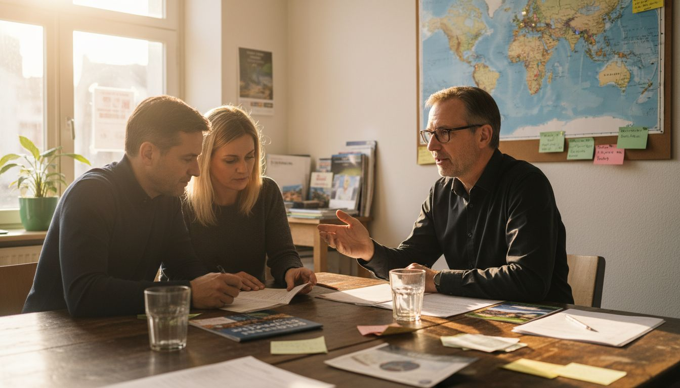 Ein Reiseexperte stellt gemeinsam mit seinen Kunden individuelle Urlaubsreisen zusammen.