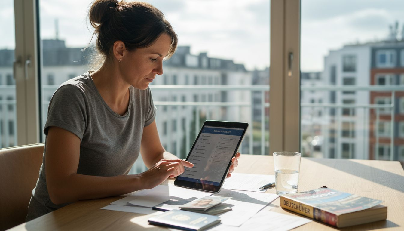 Eine Frau sitzt am Esstisch und aktualisiert ihre digitale Packliste f&uuml;r die n&auml;chste Reise.