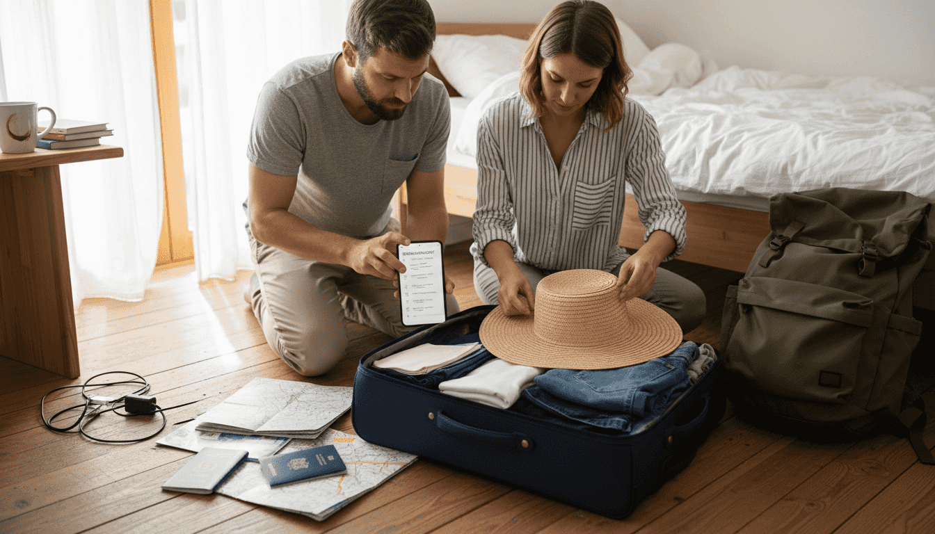 Ein Paar bereitet sich auf die Reise vor und packt gemeinsam den Koffer &ndash; dabei gehen sie Punkt f&uuml;r Punkt ihre Packliste durch, damit nichts vergessen wird.