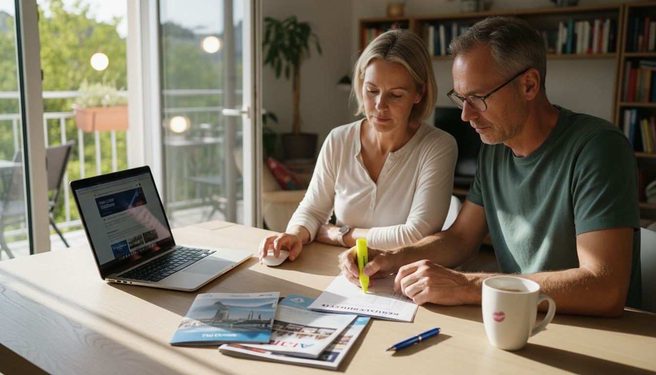 Ein Paar plant gemeinsam seine Kreuzfahrt und geht dabei sorgf&auml;ltig die Checklisten durch, w&auml;hrend es Reisebrosch&uuml;ren studiert.