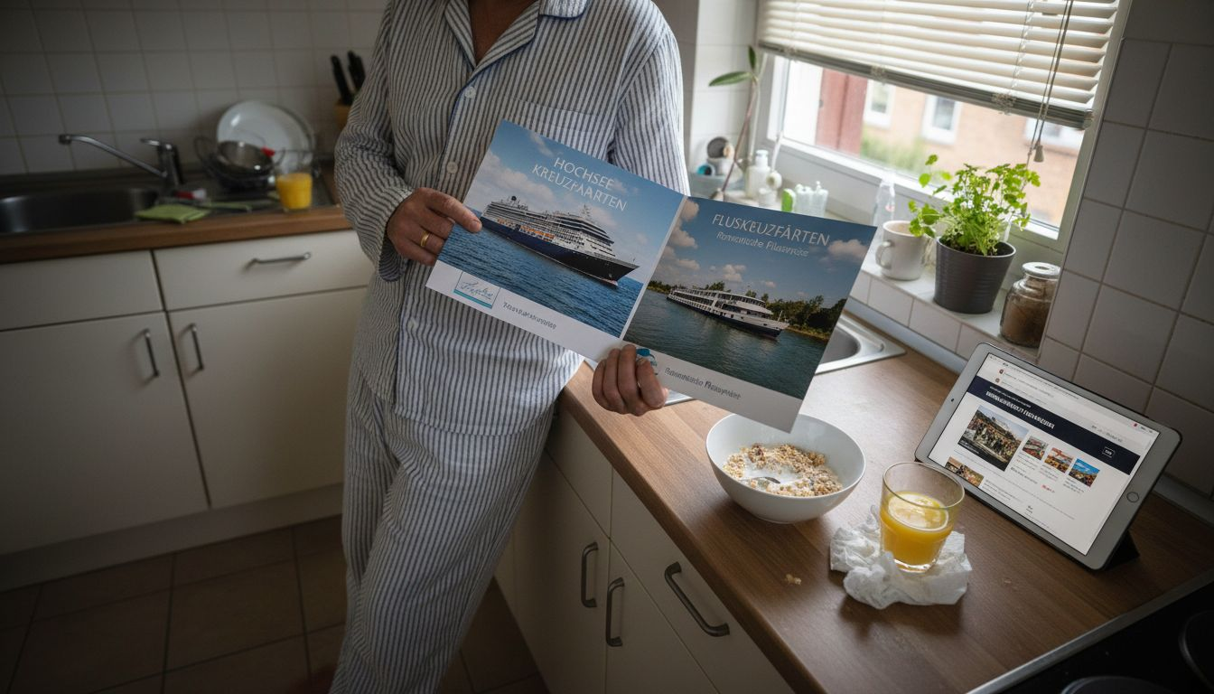 Ein Mann bl&auml;ttert durch Prospekte und vergleicht Kreuzfahrten auf dem Meer mit Flussreisen.