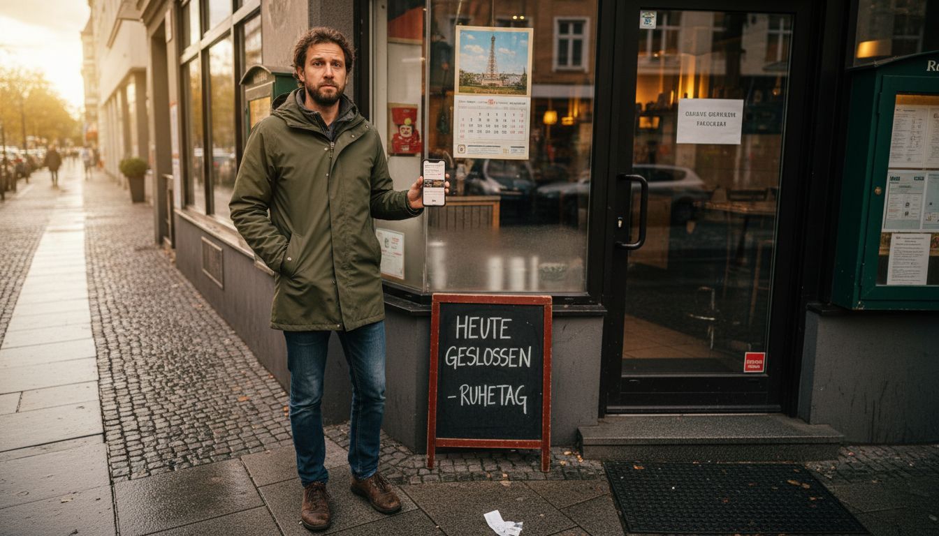Ein Reisender steht frustriert vor verschlossener T&uuml;r und muss feststellen, dass das Restaurant heute nicht ge&ouml;ffnet hat.