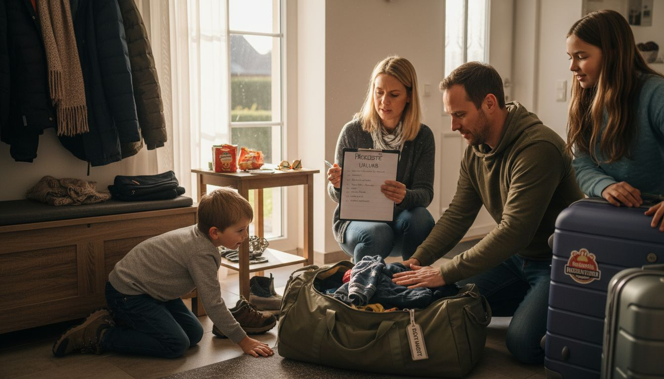 Am fr&uuml;hen Morgen herrscht reges Treiben im Flur: Die ganze Familie packt gemeinsam ihre Koffer f&uuml;r die bevorstehende Reise.