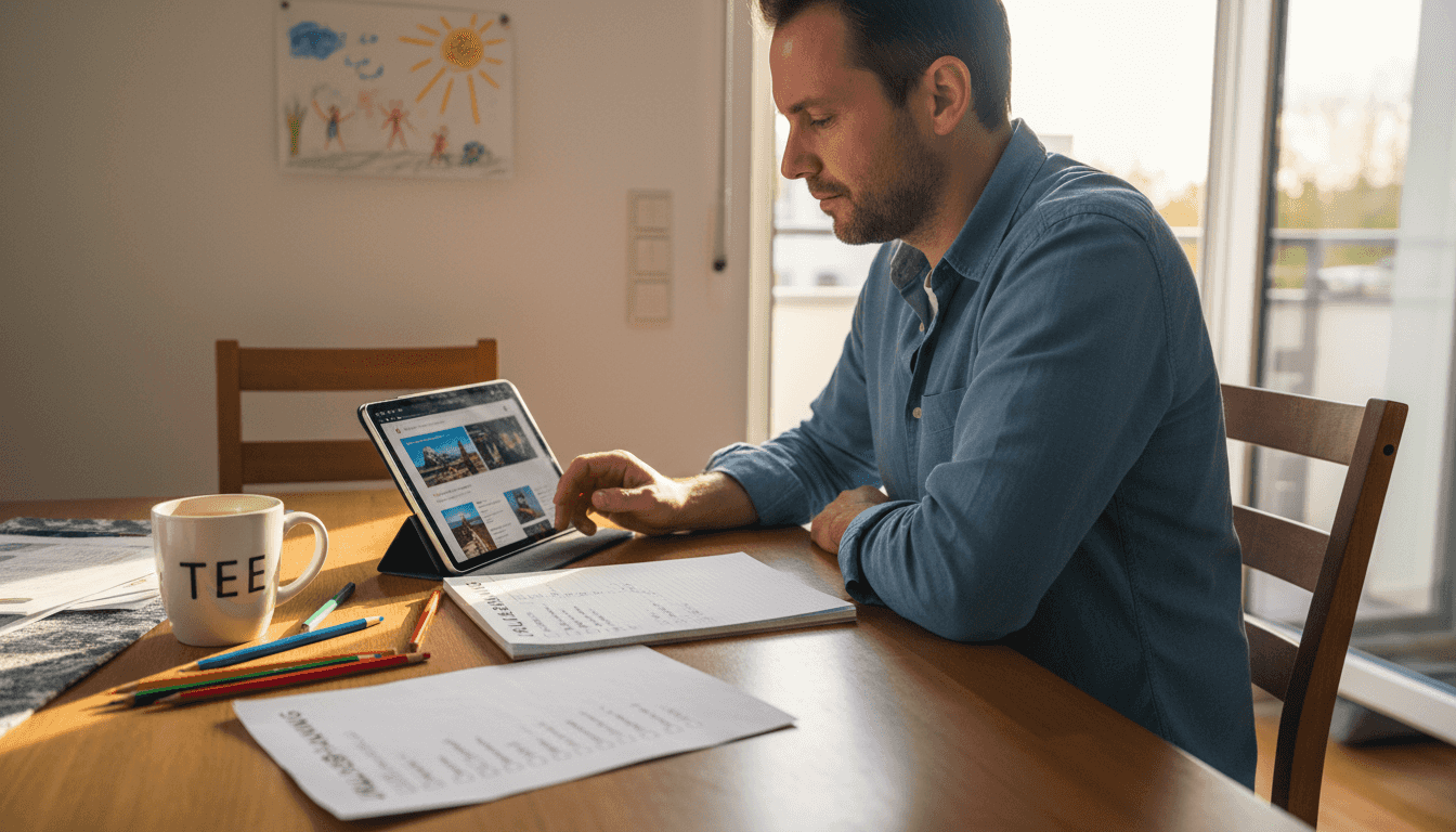 Ein Vater sitzt an einem chaotisch &uuml;berladenen K&uuml;chentisch und plant die n&auml;chste Familienreise.
