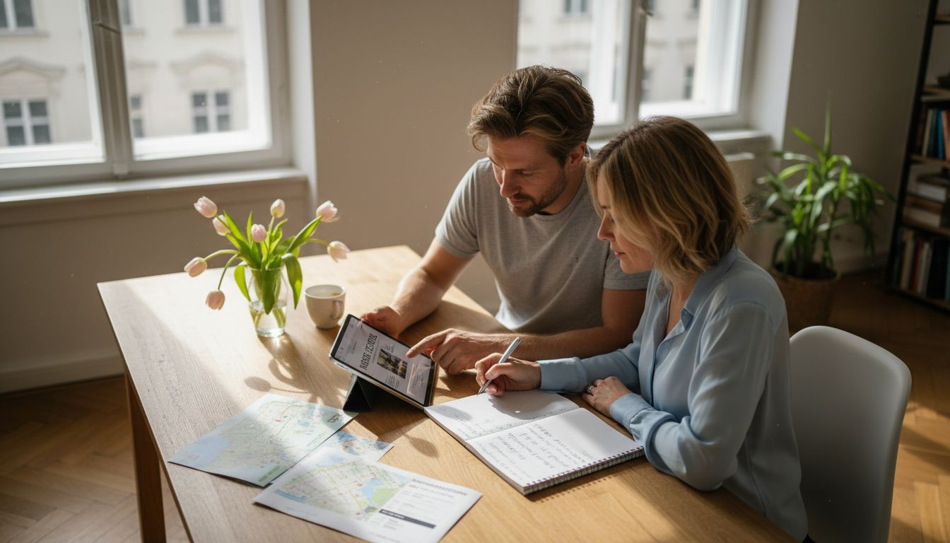 Ein Paar sitzt entspannt in seiner Wohnung und schmiedet Pl&auml;ne f&uuml;r eine exklusive Reise.