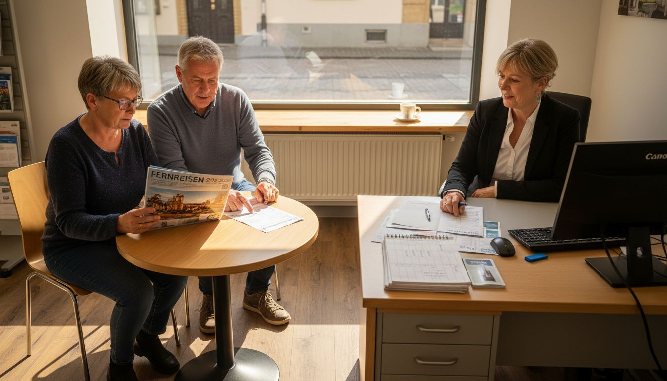 Ein Paar l&auml;sst sich im Reiseb&uuml;ro pers&ouml;nlich von einer Expertin zu Urlaubszielen beraten.