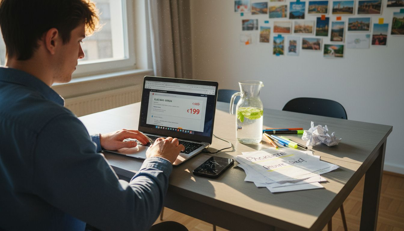 Ein Mann bereitet seine Reise vor und packt dabei seinen Laptop sowie wichtige Unterlagen ein.