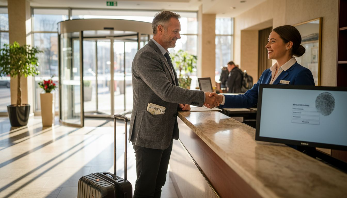 Ein Reisender begrüßt den Hotelmitarbeiter mit einem freundlichen Händedruck.