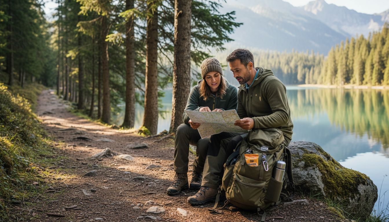Am Ufer des Sees beugen sich zwei Wanderer &uuml;ber ihre Wanderkarte und planen die n&auml;chste Etappe.