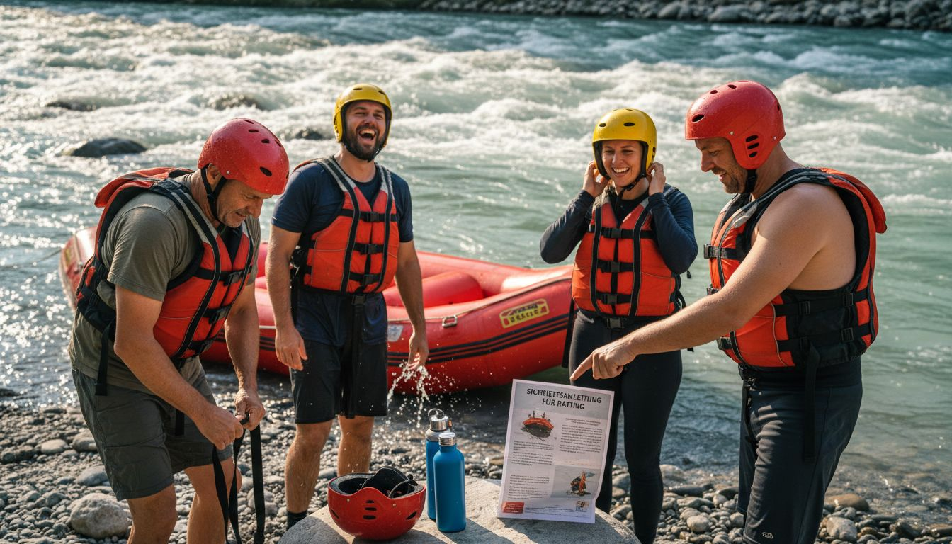 Eine Gruppe macht sich f&uuml;r eine Wildwasser-Rafting-Tour startklar.