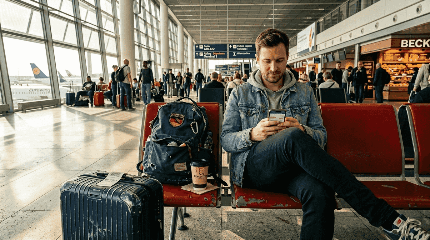 Ein Mann entscheidet sich am Flughafen kurzerhand f&uuml;r einen Last-Minute-Trip.