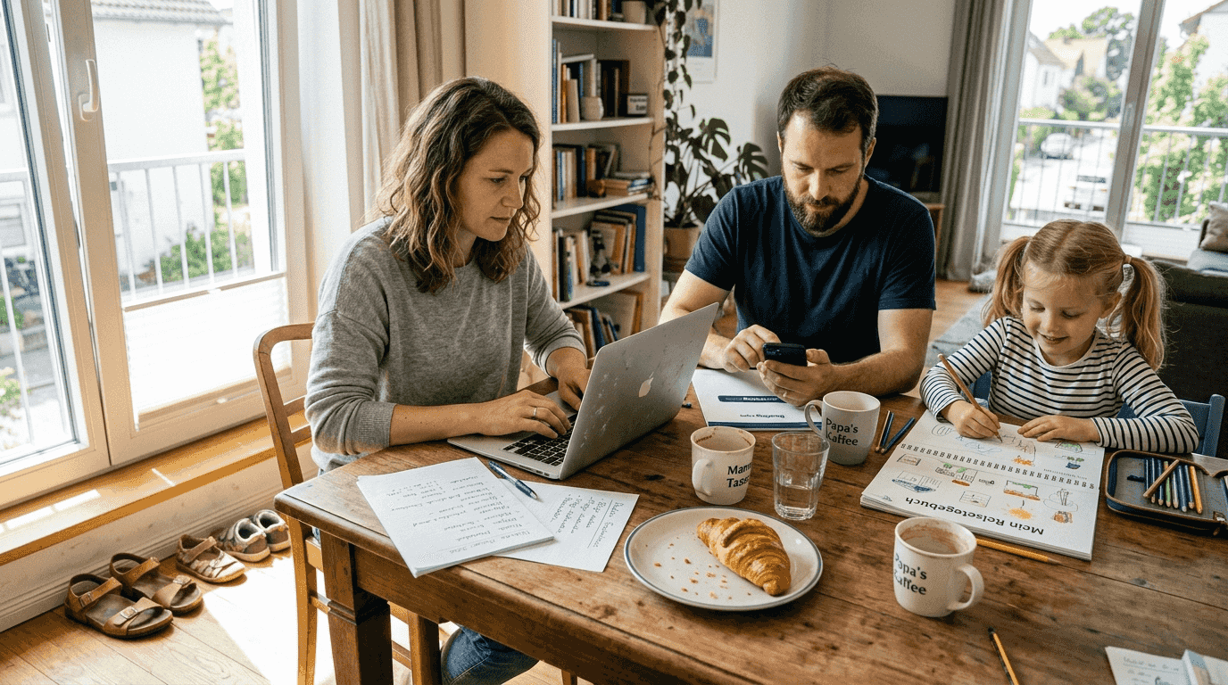Gemeinsam am K&uuml;chentisch st&ouml;bern die Familienmitglieder am Laptop nach Reisezielen und planen ihren n&auml;chsten Urlaub.
