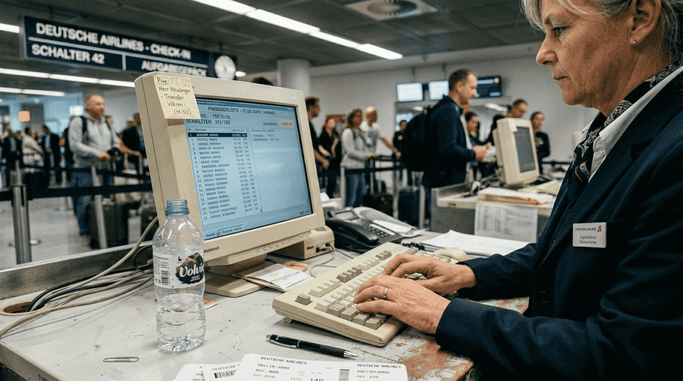 Mitarbeiter einer Fluggesellschaft k&uuml;mmert sich um die Umbuchung von Fl&uuml;gen