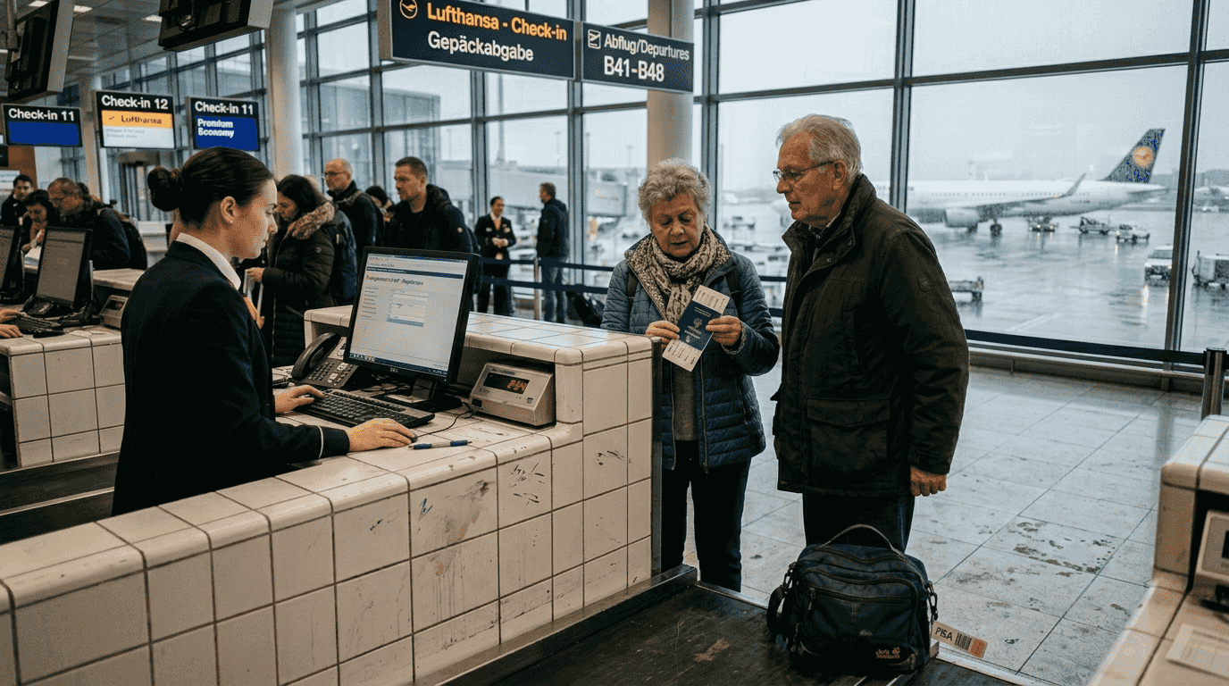 Reisende, die am Check-in-Schalter des Flughafens ihren Anschlussflug erreichen m&ouml;chten