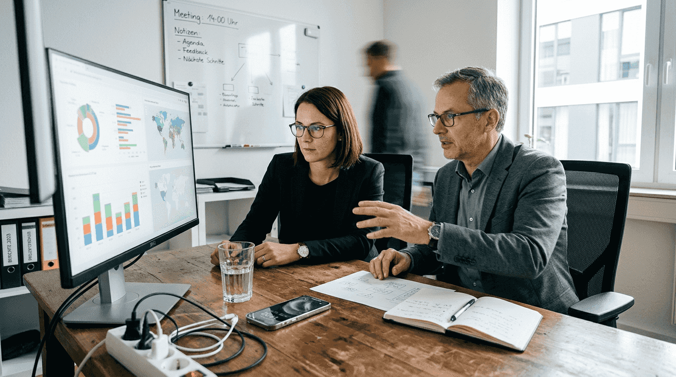 Das Team wirft einen Blick auf das digitale Dashboard f&uuml;r das Reisemanagement.