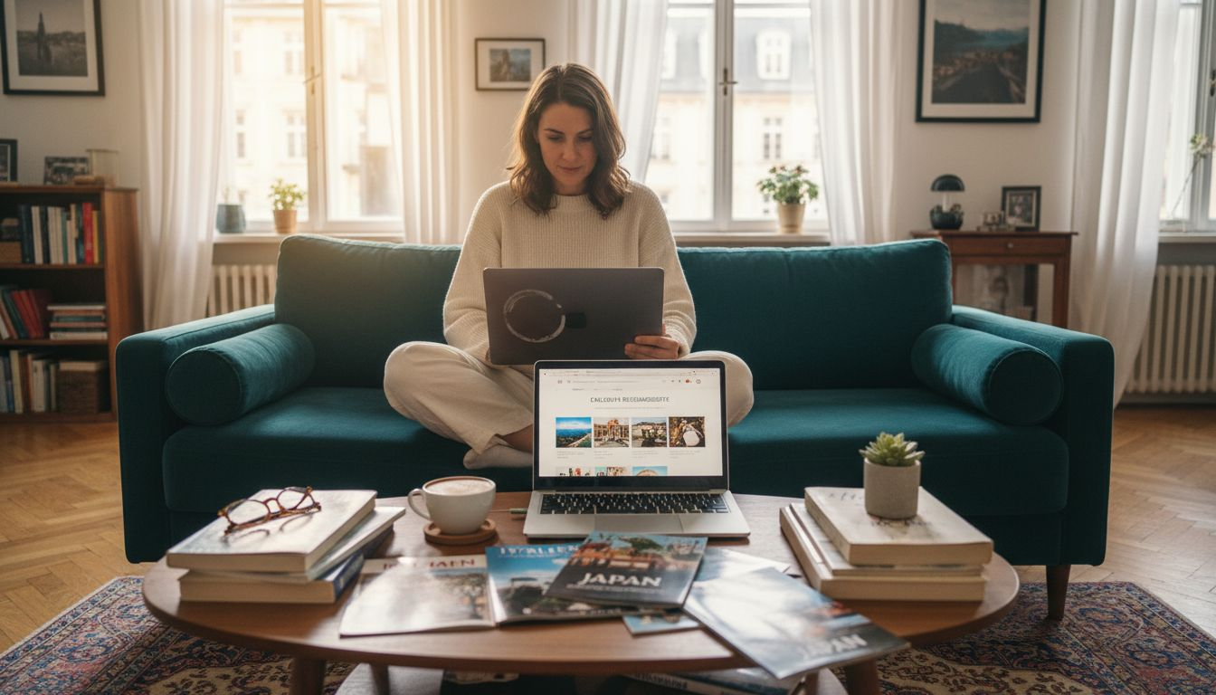 Reiselustige Frau st&ouml;bert am Laptop nach exklusiven Angeboten f&uuml;r ihren n&auml;chsten Traumurlaub.