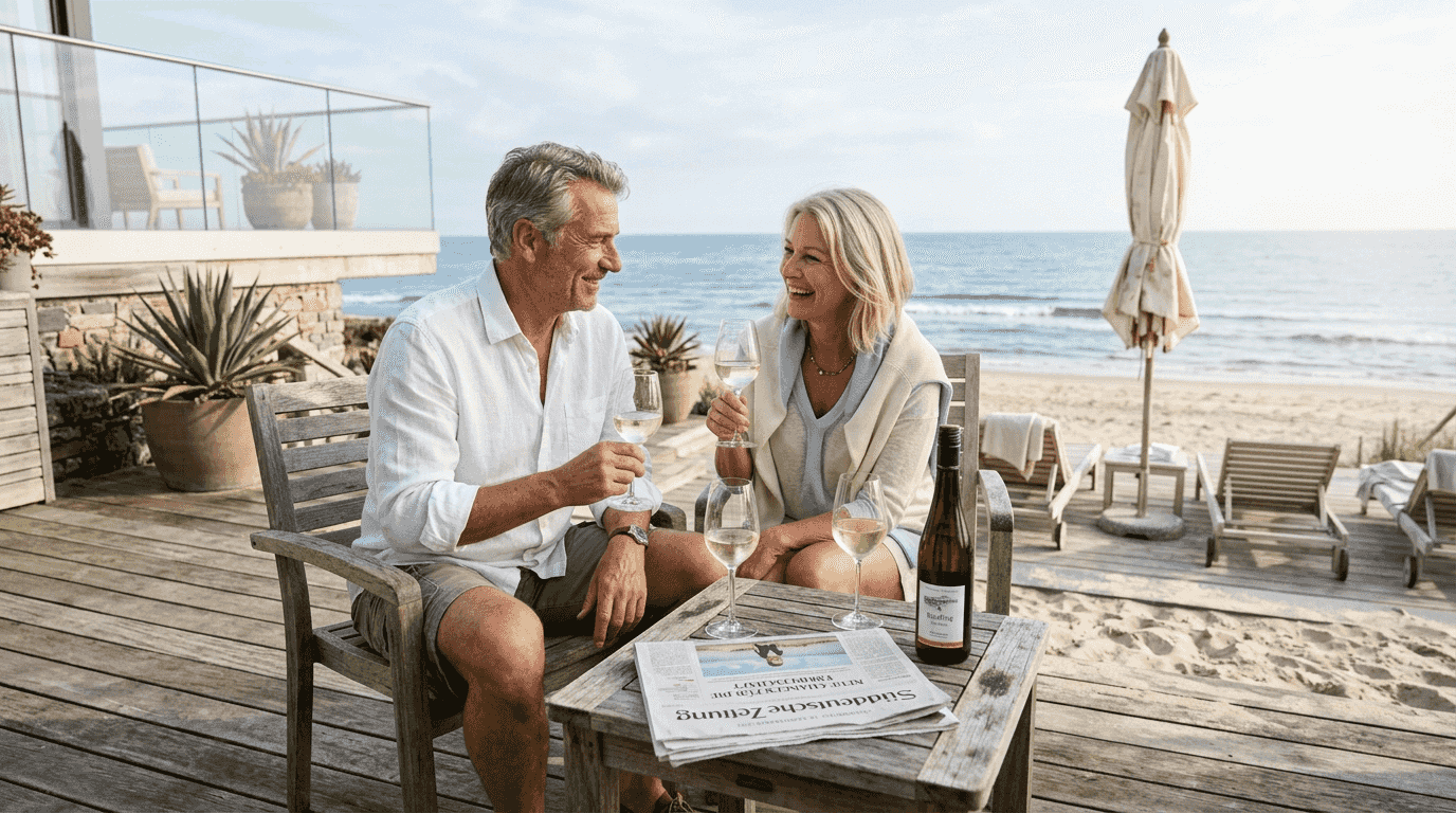 Ein Paar l&auml;sst sich am Morgen in ihrer exklusiven Strandvilla von der Sonne verw&ouml;hnen.