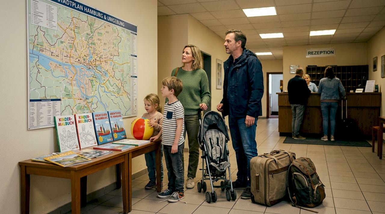 Eine Familie &uuml;berlegt, ob sie lieber in einem Hotel oder in einer Ferienwohnung &uuml;bernachten soll.