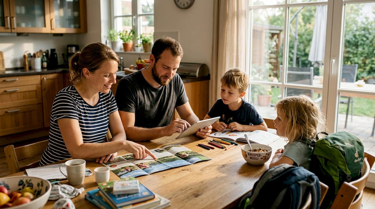 Beim Sonntagsfr&uuml;hst&uuml;ck am K&uuml;chentisch schmiedet die Familie gemeinsam Urlaubspl&auml;ne.
