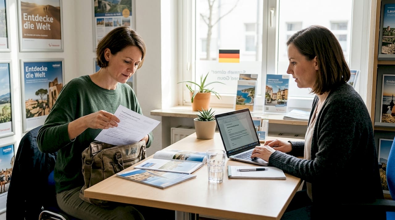 In einem hellen Reiseb&uuml;ro l&auml;sst sich eine Frau von einer Expertin zu ihrem n&auml;chsten Urlaub beraten.