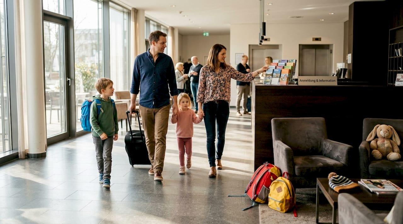 Eine Familie mit Kindern kommt in die Hotellobby.