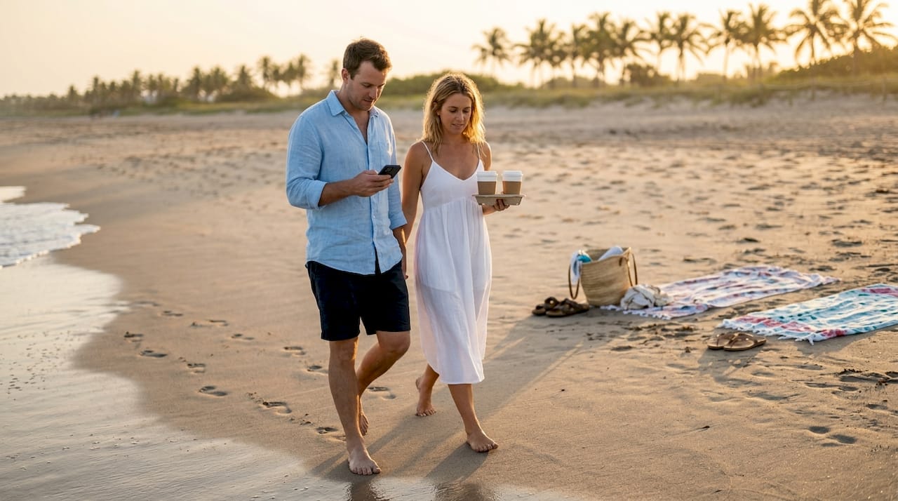 Ein verliebtes Paar genie&szlig;t einen Spaziergang am Strand, w&auml;hrend die ersten Sonnenstrahlen den Morgen erhellen.