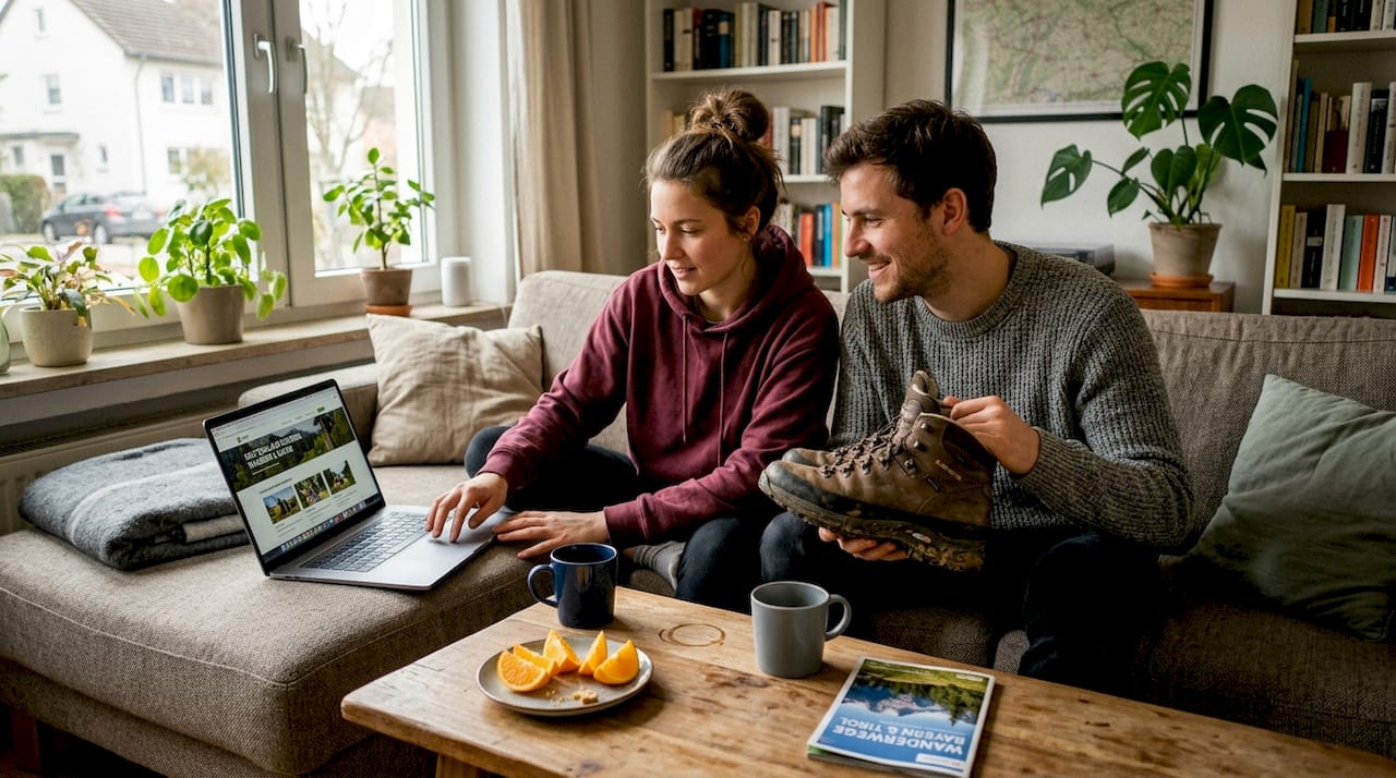Ein Paar sitzt gemeinsam zu Hause und &uuml;berlegt, welche Aktivit&auml;ten sie f&uuml;r ihren n&auml;chsten Urlaub planen m&ouml;chten.