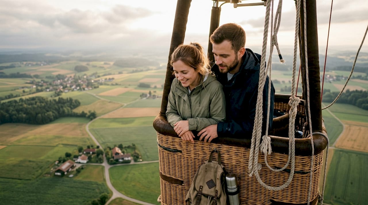 Ein verliebtes Paar genie&szlig;t gemeinsam eine Fahrt im Hei&szlig;luftballon und l&auml;sst den Alltag f&uuml;r einen Moment hinter sich.