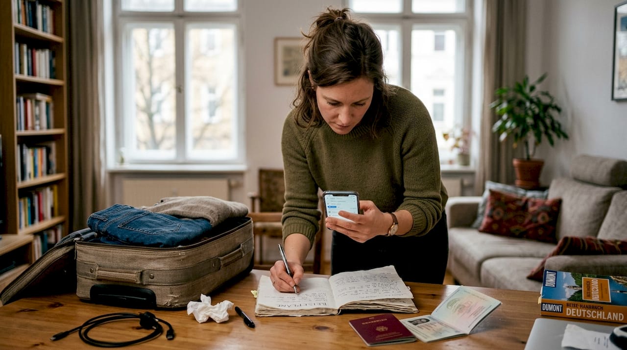Eine Frau plant ihre n&auml;chste Reise ganz entspannt nebenbei im Alltag.